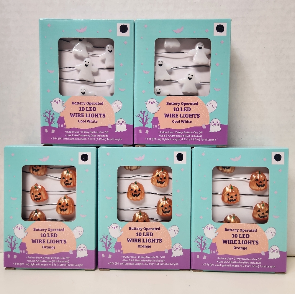 Bundle of 5 Pumpkin & Ghost Halloween Battery Operated LED Wire Lights